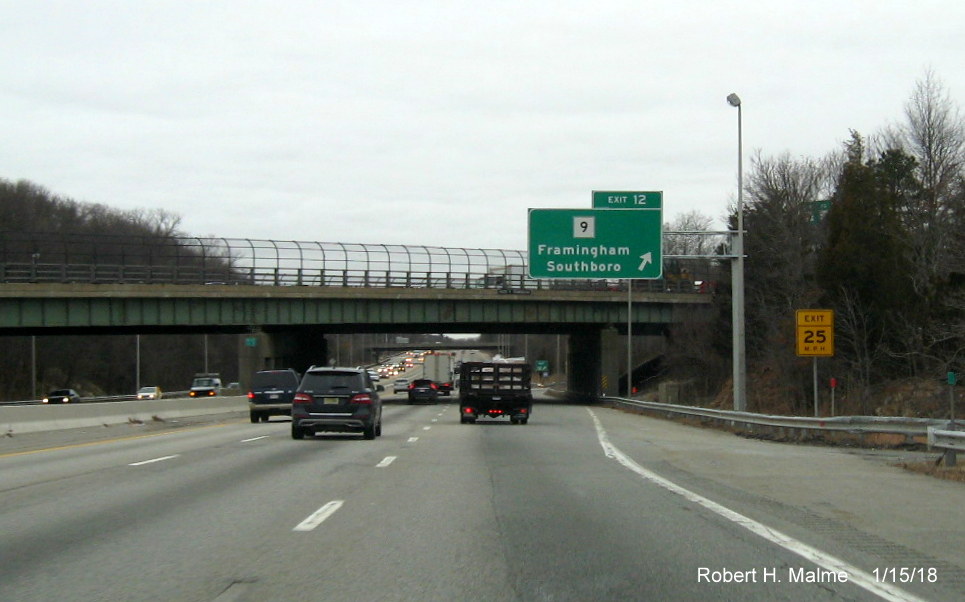 Image of newly placed overhead sign for MA 9 exit ramp from I-90/Mass Pike West in Framingham