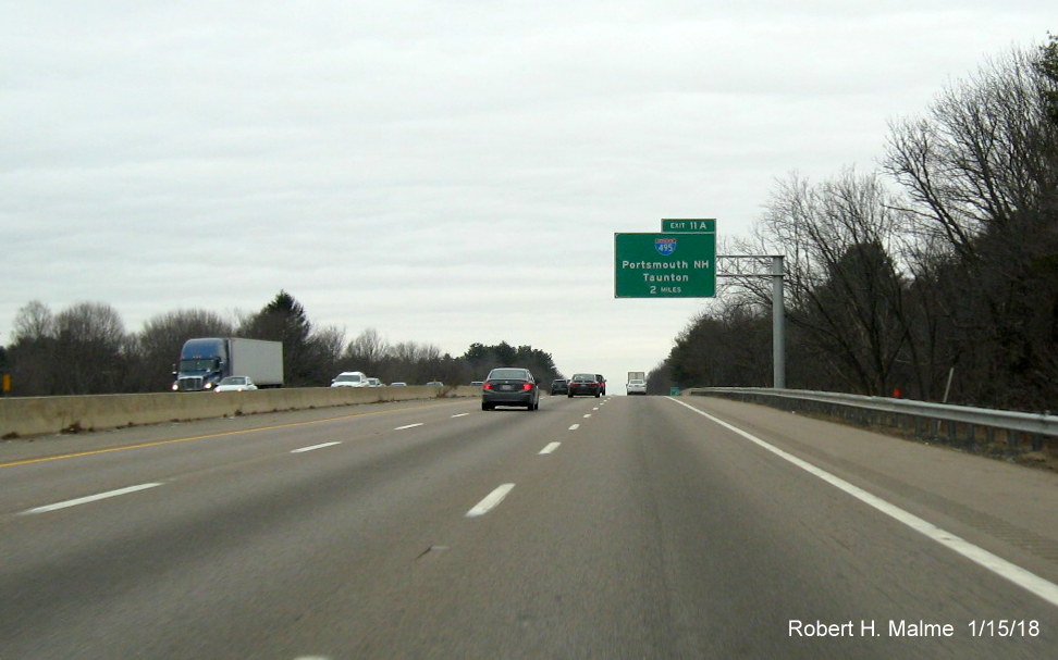 Image of recently placed 2-Mile advance overhead sign for I-495 exit on I-90/Mass Pike West in Westborough