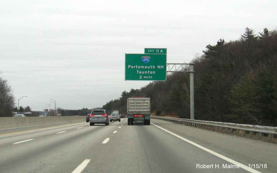 Image of newly placed 2-mile advance sign for I-495 exit on I-90/Mass Pike East in Southborough