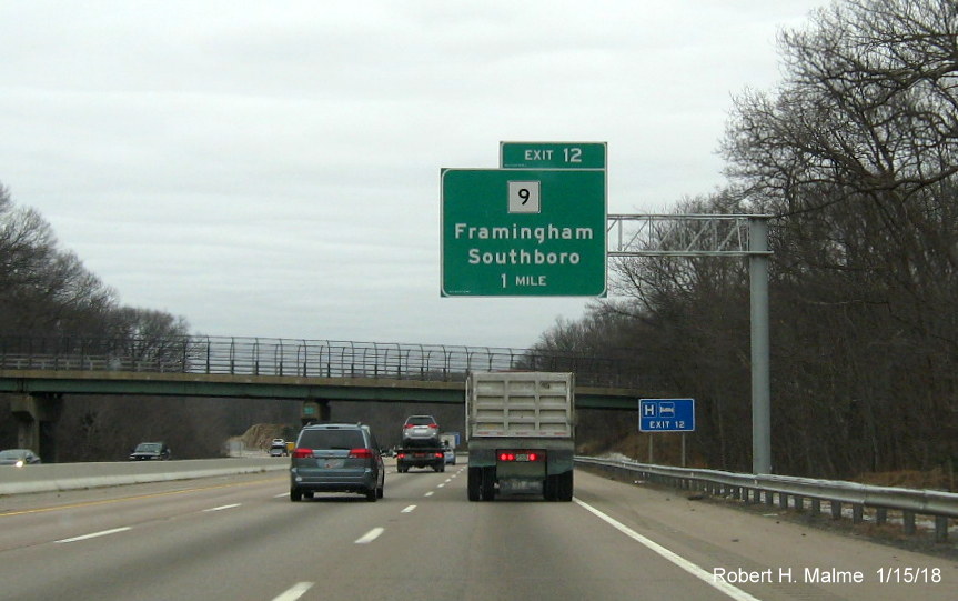Image of newly placed 1-Mile advance overhead sign for MA 9 exit on I-90/Mass Pike East in Framingham