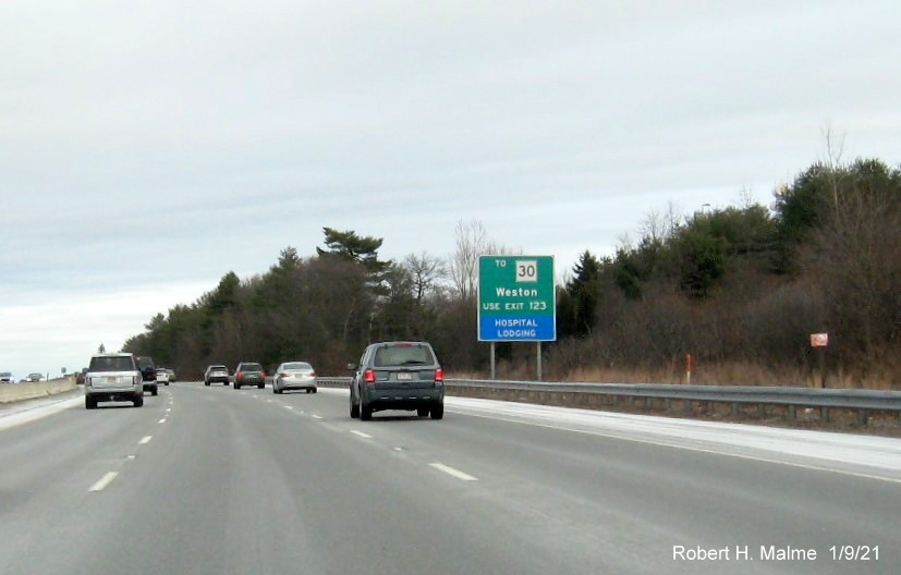 Image of ground mounted auxiliary sign for I-95 exit with new milepost based exit number on I-90/Mass Pike East in Weston, January 2021
