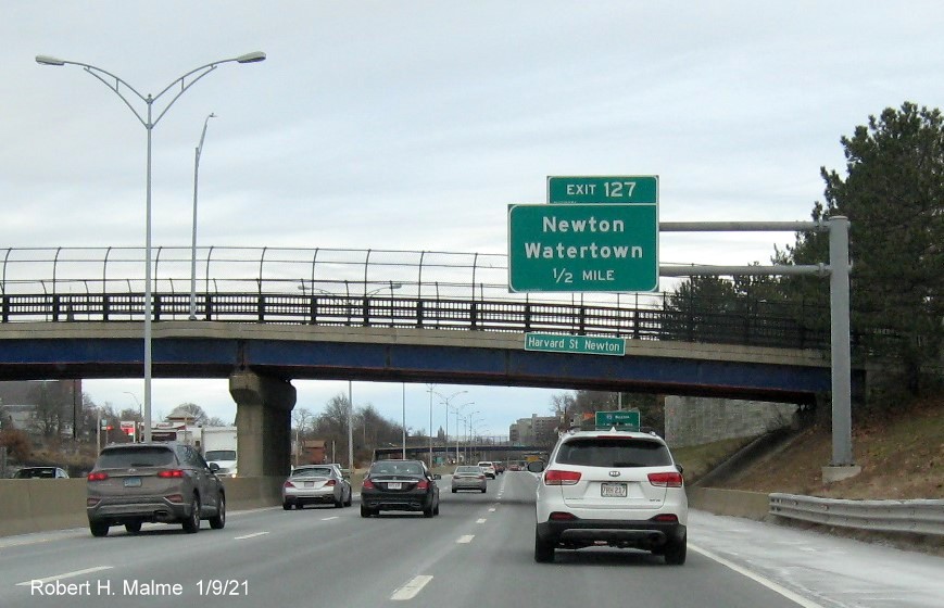Image of 1/2 mile advance sign for Newton/Watertown exit with new milepost based exit number on I-90/Mass Pike East in Newton, January 2021