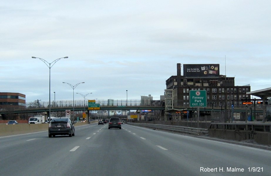 Image of small auxilary sign for Allston-Brighton-Cambridge exit with new milepost based exit number on I-90 East in Boston, January 2021