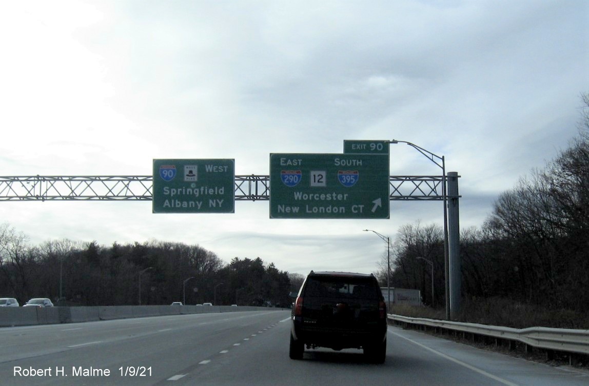 Image of overhead ramp sign for I-290/I-395/MA 12 exit with new milepost based exit number on I-90/Mass Pike West in Auburn, by Vinh Lam, December 2020