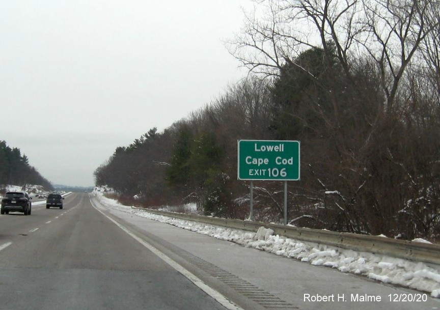 Image of auxiliary sign for I-495 exit with new milepost based exit number on I-90/Mass Pike West in Southboro, December 2020