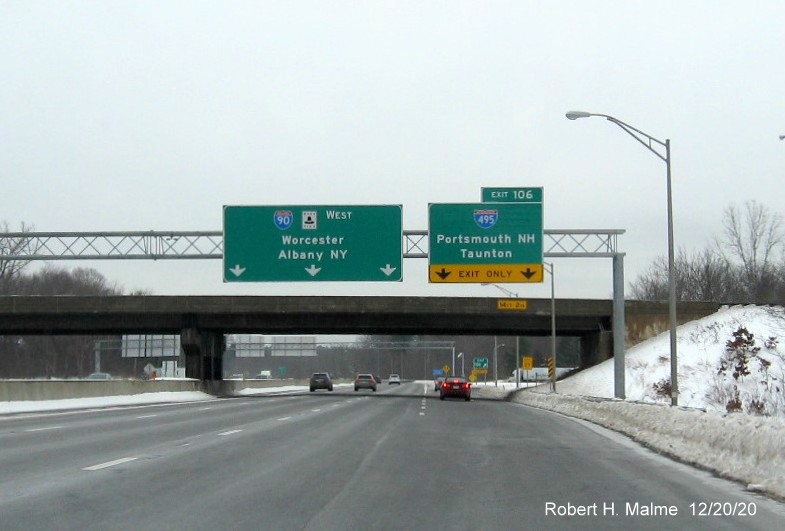 Image of overhead ramp sign for I-495 exit with new milepost based exit number on I-90/Mass Pike West in Hopkinton, December 2020