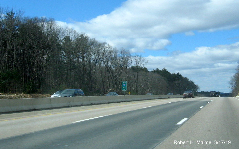 Image of newly placed Mile 110 mile marker after the I-495 exit on I-90/Mass Pike West in Westborough
