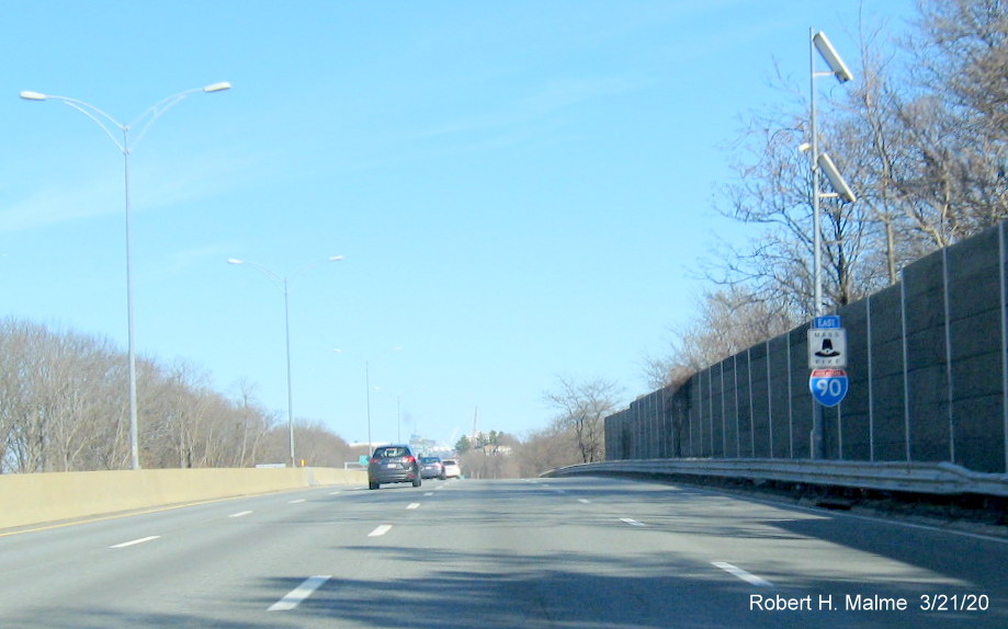Image of East I-90/Mass Pike reassurance marker after Newton/Watertown exit in Newton