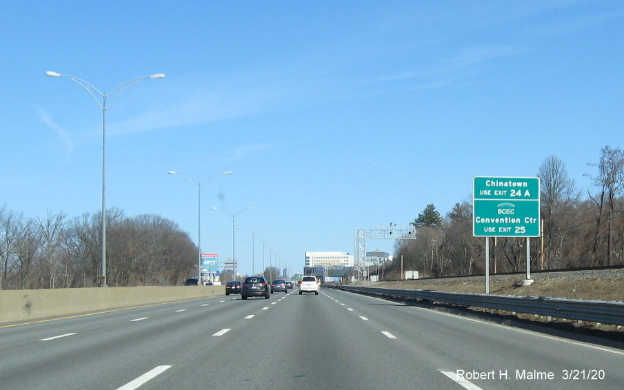 Image of auxiliary signage for I-93 and South Boston exits on I-90/Mass Pike East in Brighton