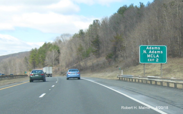 Image of pre-existing auxiliary sign for Exit 2 on I-90/Mass Pike West in Lee