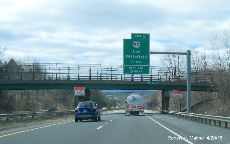 Image of 1/2 mile advance overhead sign  for US 20 exit on I-90/Mass Pike west in Lee, put up in Fall 2017