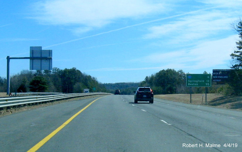 Image of post-interchange distance sign on I-90/Mass Pike East after US 202/MA 10 exit in Westfield
