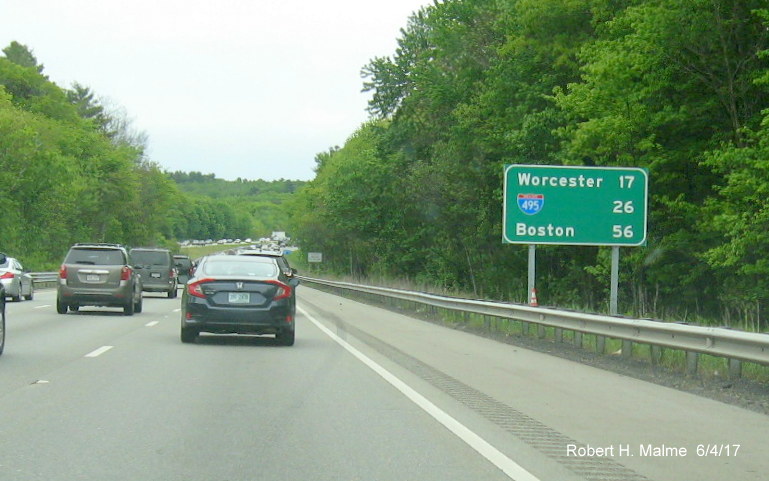 Image taken of new destination mileage sign placed on I-90/Mass Pike East after the Charlton Service Area