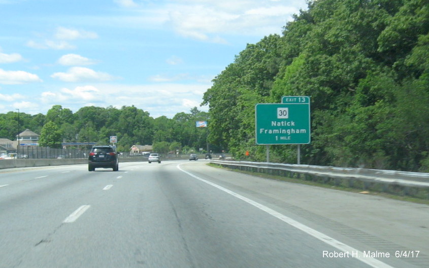 Image of future sign placement tag near MA 30 exit on I-90/Mass Pike West in Natick