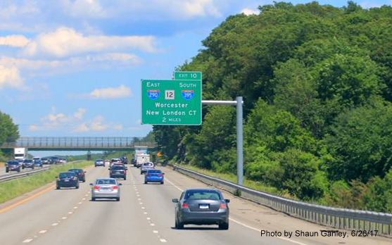 Image of new 2-mile advance overhead sign for Exit 10 on I-90/Mass Pike East in Auburn