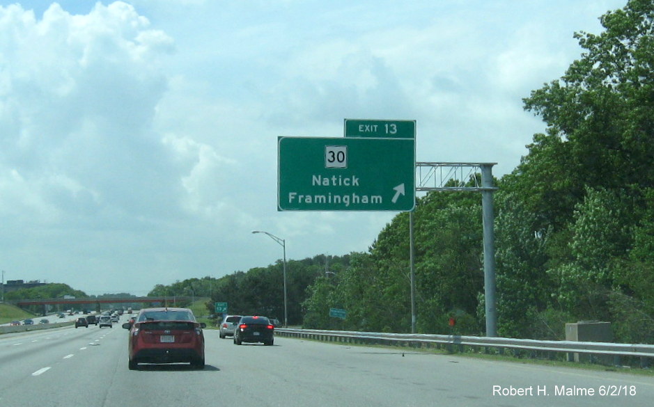 Image of newly placed off-ramp sign for MA 30 exit on I-90/Mass Pike West in Natick