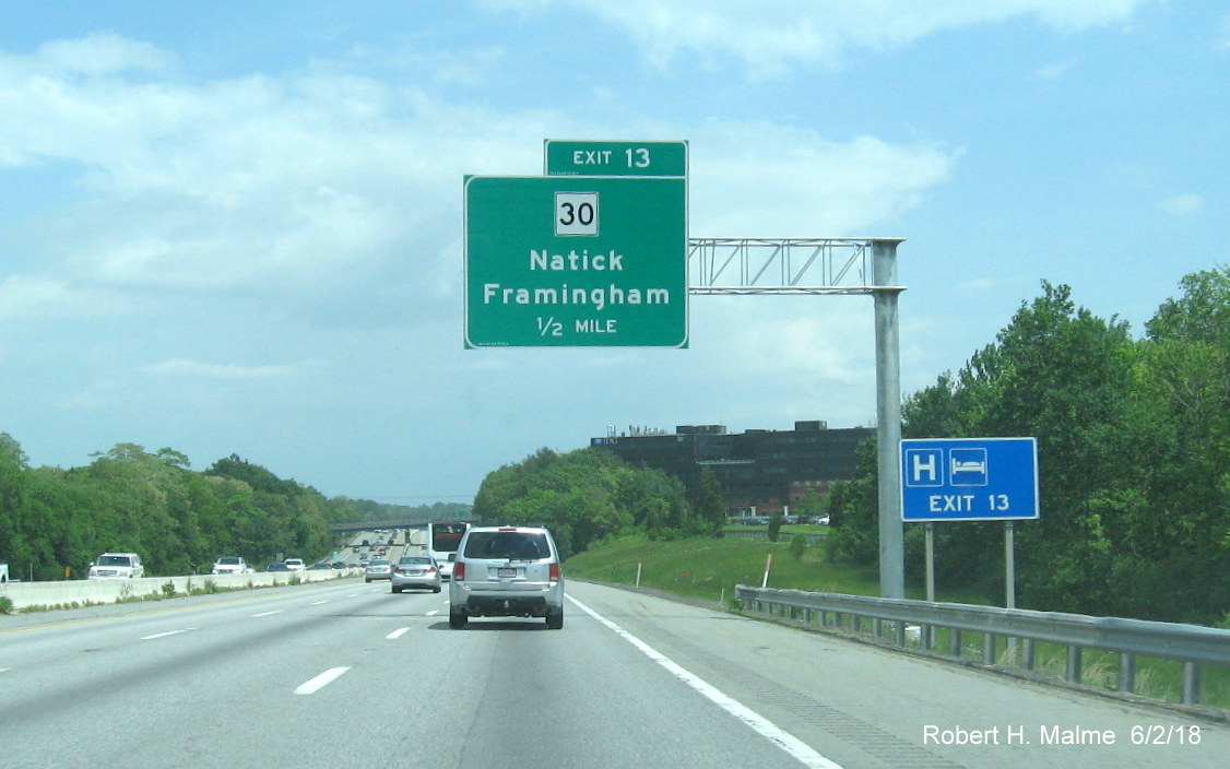 Image of newly placed 1/2 mile advance sign for MA 30 exit on I-90/Mass Pike East in Natick