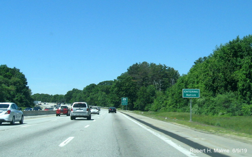 Image of recently placed second Entering Natick sign near MA 30 exit on I-90/Mass Pike West