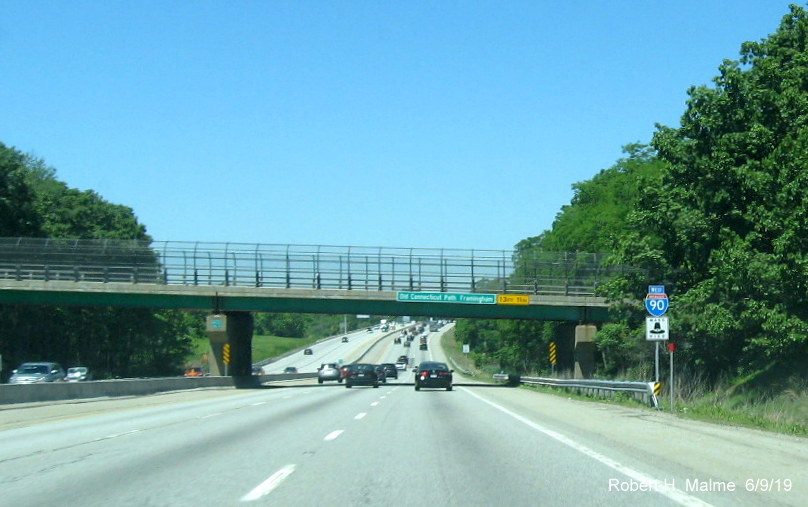 Image of recently placed West I-90/Mass Pike reassurance marker after MA 30 exit in Natick