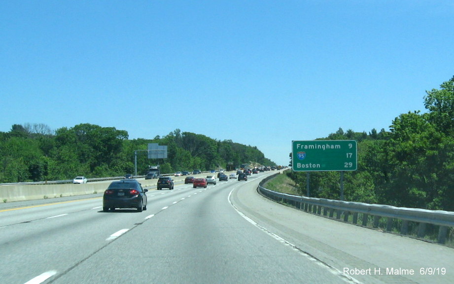 Image of recently placed post-interchange distance sign after I-495 exit on I-90/Mass Pike East in Hopkinton in June 2019