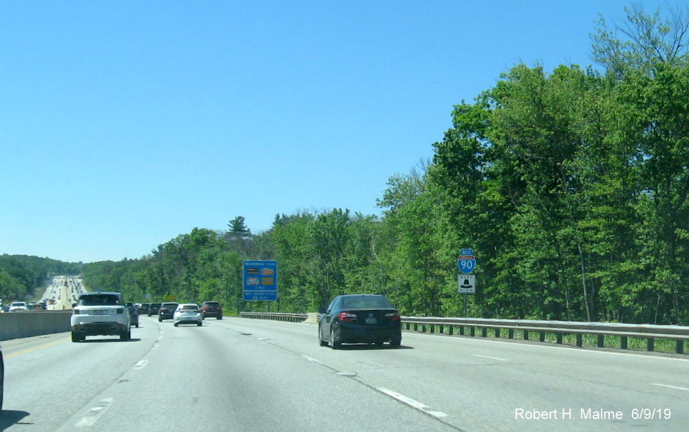 Image of newly placed West I-90/Mass Pike reassurance marker following I-495 exit in Hopkinton in June 2019