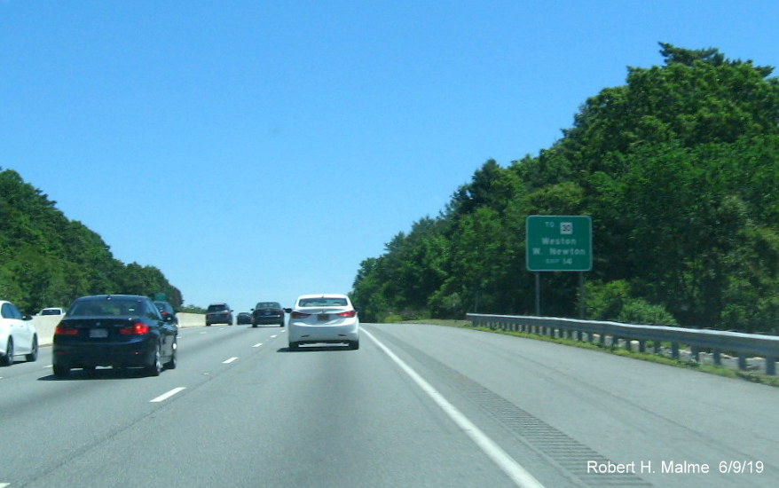 Image of recently placed To MA 30 auxiliary sign for I-95 exit on I-90/Mass Pike East in Weston