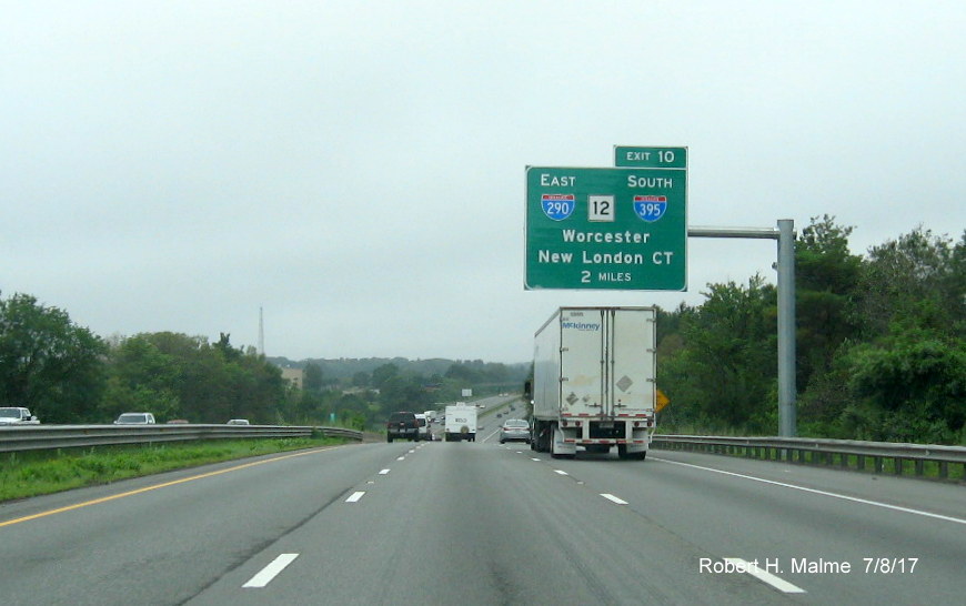 Newly placed overhead 2-mile advance exit sign for I-290/MA 12 /I-395 on I-90 West in Auburn