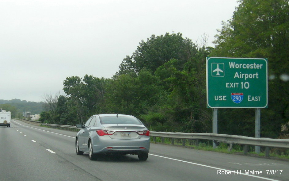Image of newly placed auxiliary sign for I-290/MA 12/I-395 exit on I-90 West in Auburn