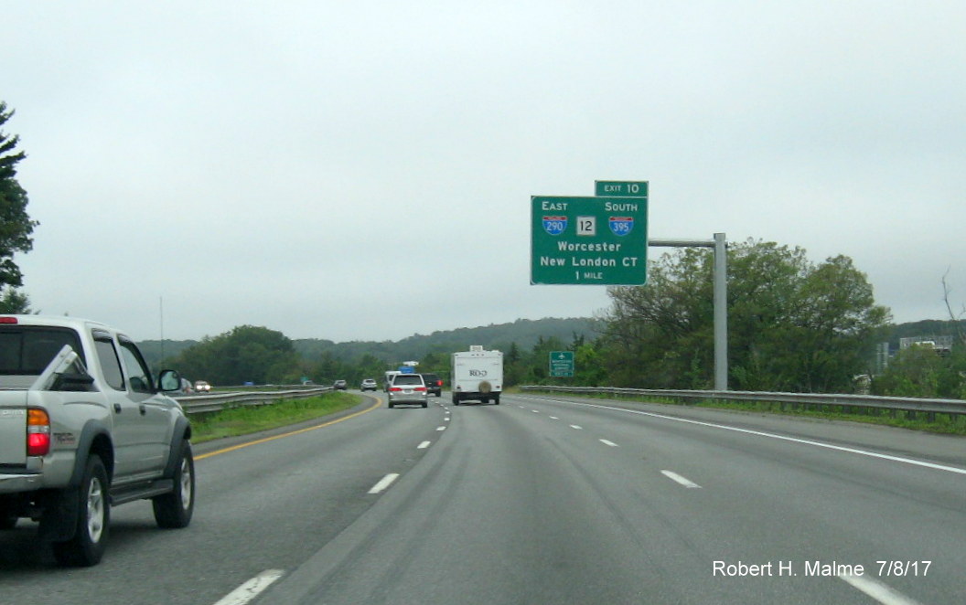 Newly placed 1-Mile Advance overhead exit sign for I-290/MA 12/I-395 exit on I-90 West in Auburn