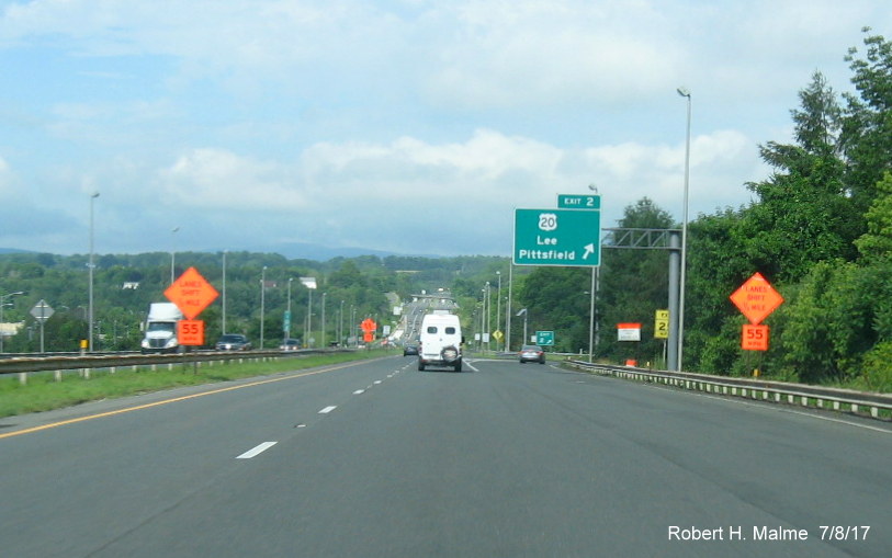 Image of existing overhead exit sign for US 20 exit on I-90/Mass Pike West in Lee
