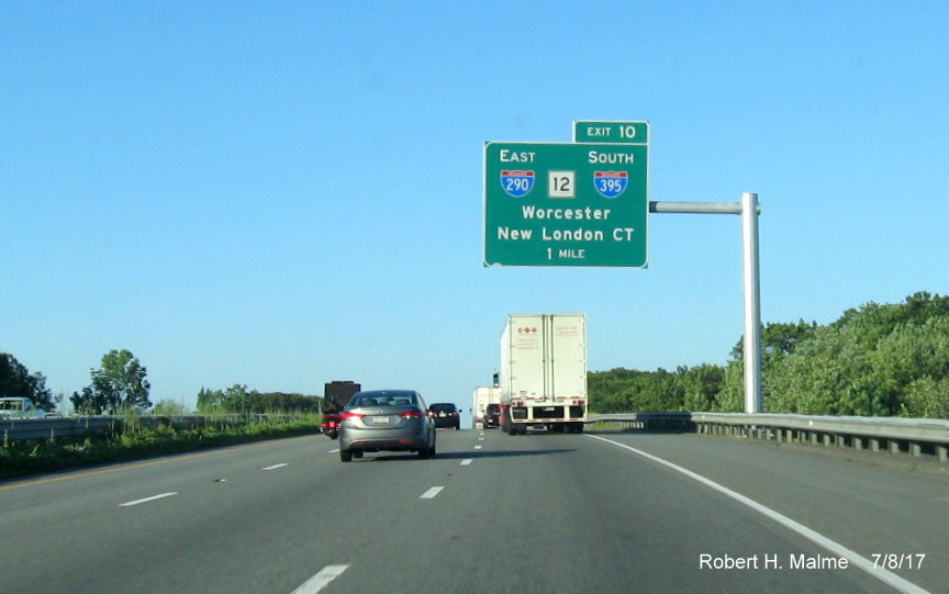 Image of newly placed 1-Mile advance sign for I-290/MA 12/I-395 exit on I-90 East in Auburn