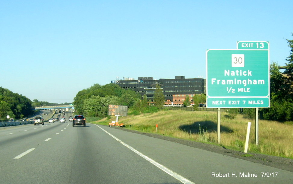 Image of existing MA 30 exit sign on I-90/Mass Pike East in Natick
