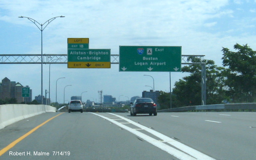 Image of newly placed overhead signs at ramp to Allston-Brighton/Cambridge exit on I-90/Mass Pike East in Boston