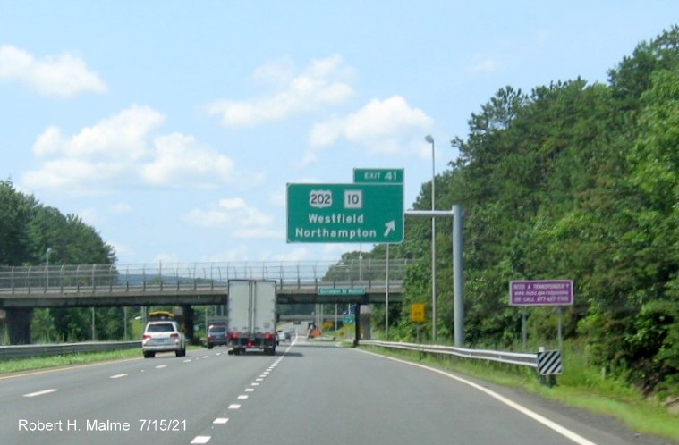 Image of overhead ramp sign for US 202/MA 10 exit with new milepost based exit number on I-90/Mass Pike West in Westfield, July 2021