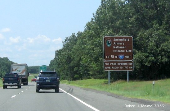 Image of brown auxiliary sign for I-291 exit with new milepost based exit number on I-90/Mass Pike West in Chicopee, July 2021