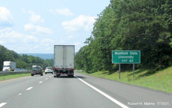 Image of auxiliary sign for US 202/MA 10 exit with new milepost based exit number on I-90/Mass Pike West in Westfield, July 2021
