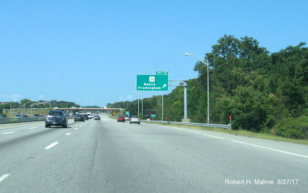 Image of new contractor overhead sign placement tag for MA 30 exit on I-90 West in Natick
