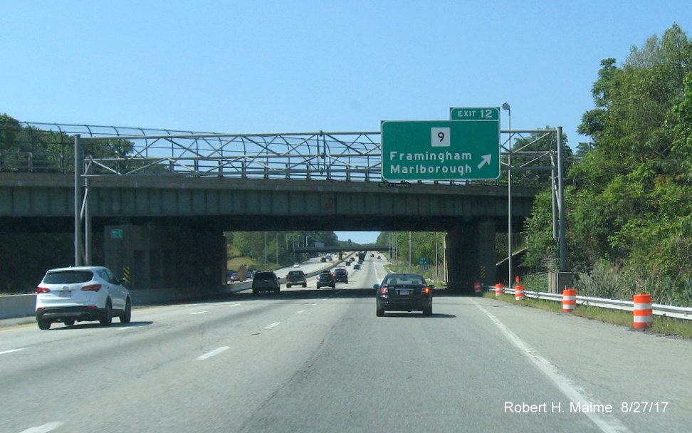 Image of contractor overhead sign placement tag for future MA 9 exit sign on I-90 West in Framingham