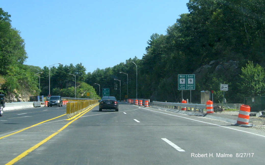 Image of temporary MA 9 guide signs at site of former Mass Pike toll plaza in Framingham