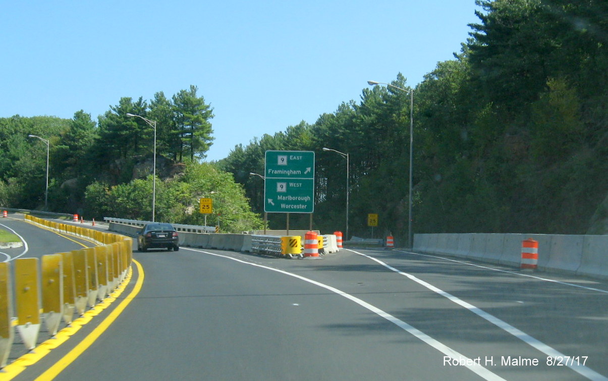 Image of temporary guide signage for MA 9 West and East at ramp from I-90/Mass Pike in Framingham