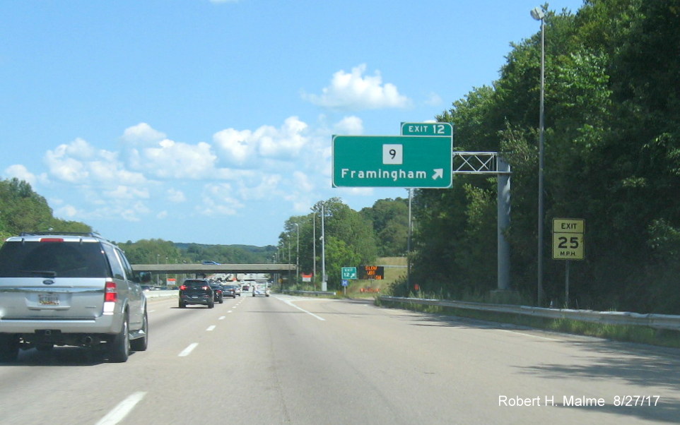 Image of new contractor placement tag for future overhead sign for MA 9 exit on I-90 East in Framingham