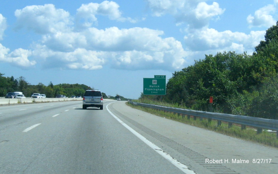 Image of contractor placement tag for future overhead 1-mile advance sign for MA 30 exit on I-90 East in Natick