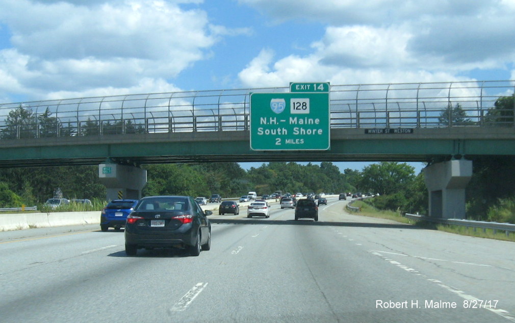 Image of current bridge-mounted 2-Mile Advance sign for I-95/MA 128 exit on I-90 East in Weston