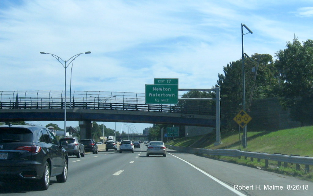 Image of new 1/2 mile advance overhead sign for Newton/Watertown exit on I-90/Mass Pike East