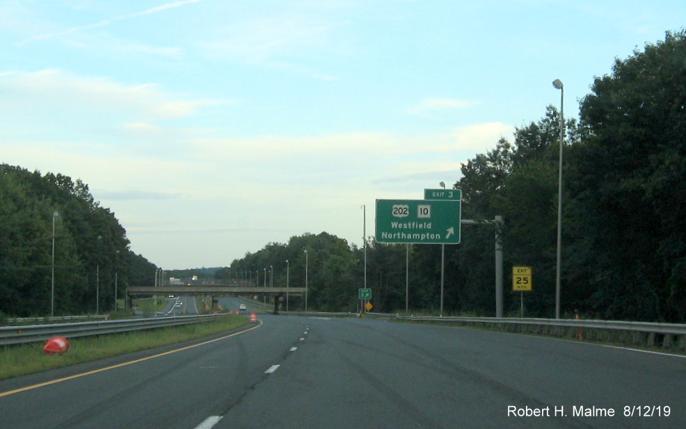 Image of recently installed overhead ramp sign for US 202/MA 10 exit on I-90/Mass Pike in Westfield in Aug. 2019