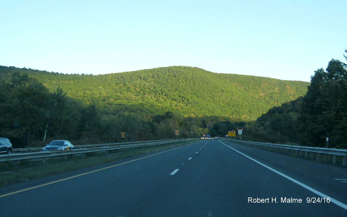 Image of Berkshire mountains from eastbound Mass Pike approaching the West Stockbridge toll barrier