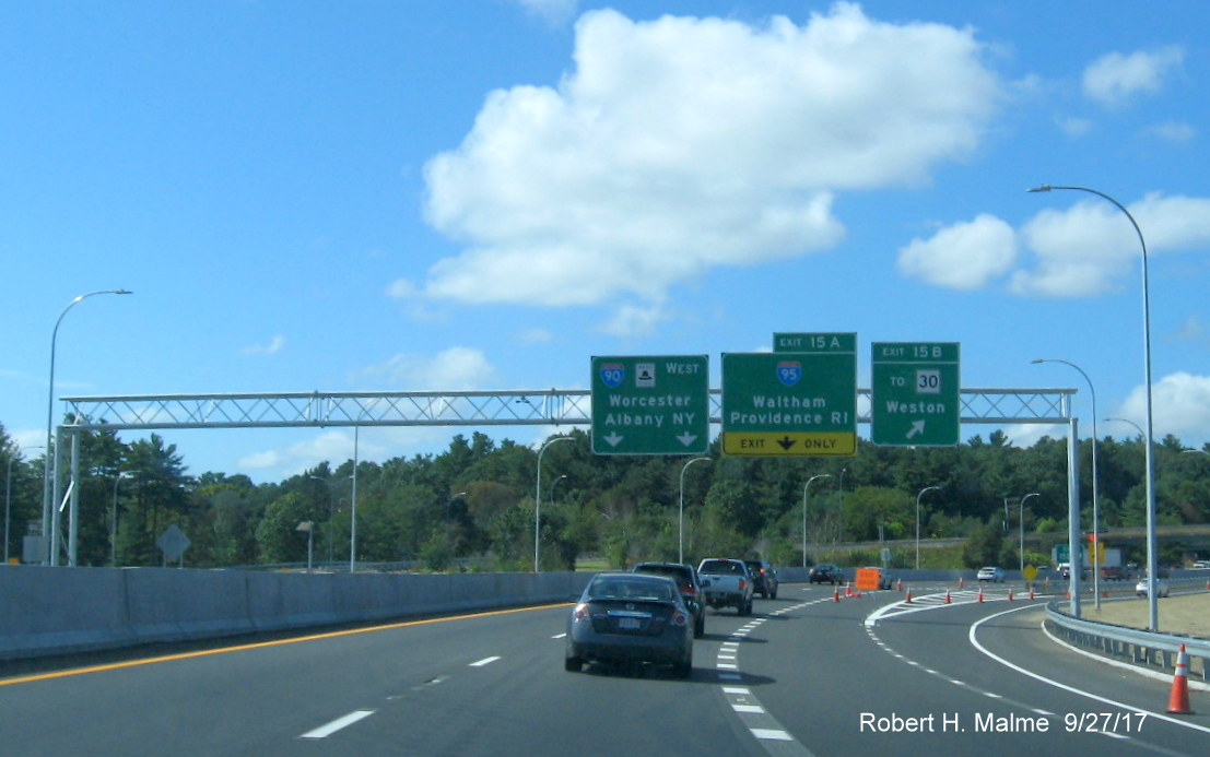 Image of new overhead signs for MA 30/I-95 exit on I-90 West in Weston