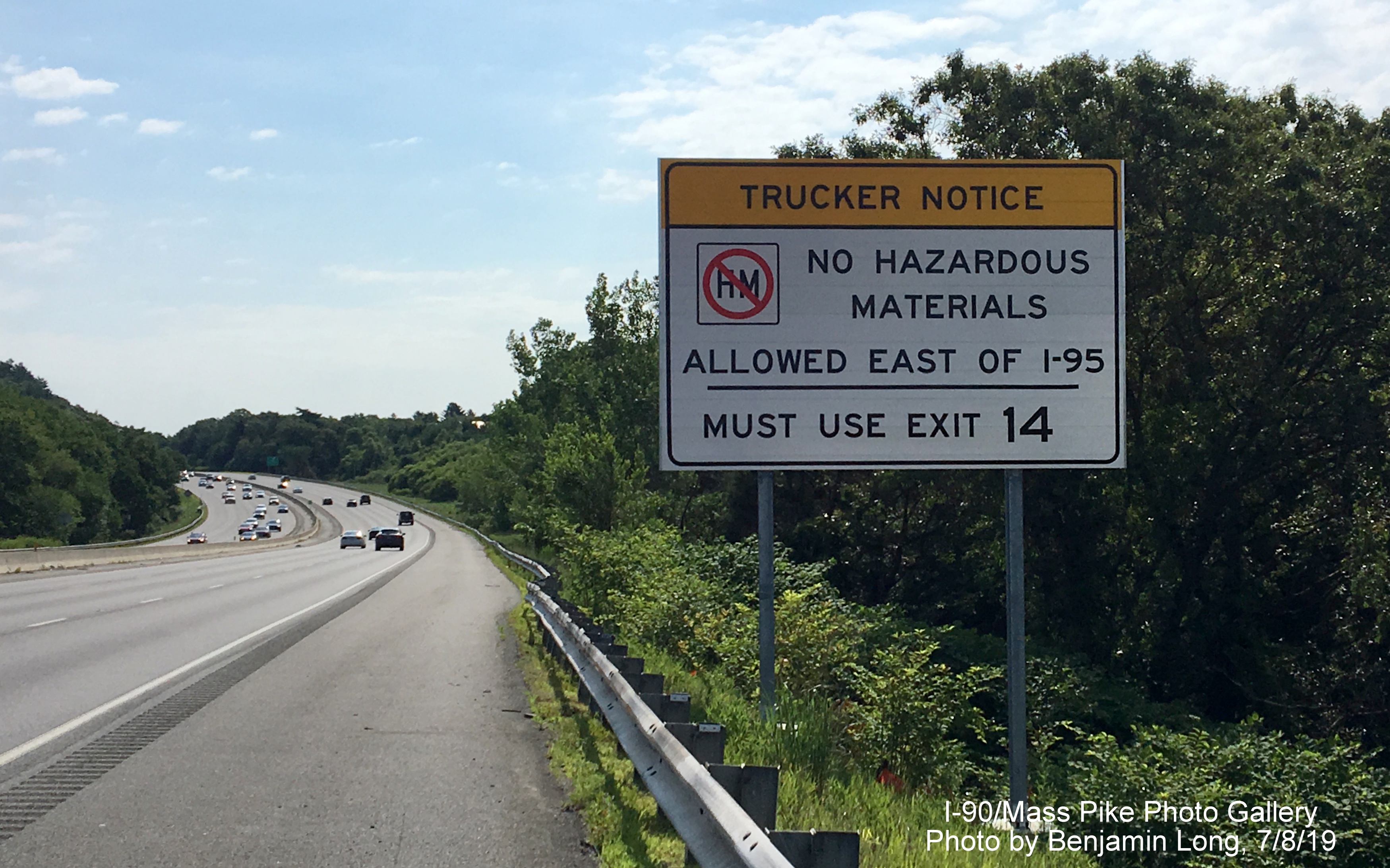 Image of recently placed trucker haz mat advisory sign on I-90/Mass Pike East in Weston with room for 3 digit milepost based number, by Benjamin Long