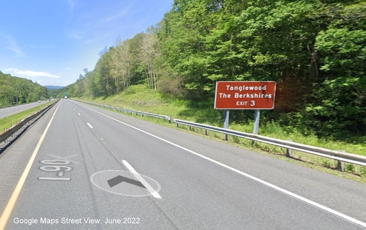 Image of brown attractions sign for MA 41 to MA 102 exit with new milepost based exit number on I-90 West in West Stockbridge, Google Maps Street View, June 2022