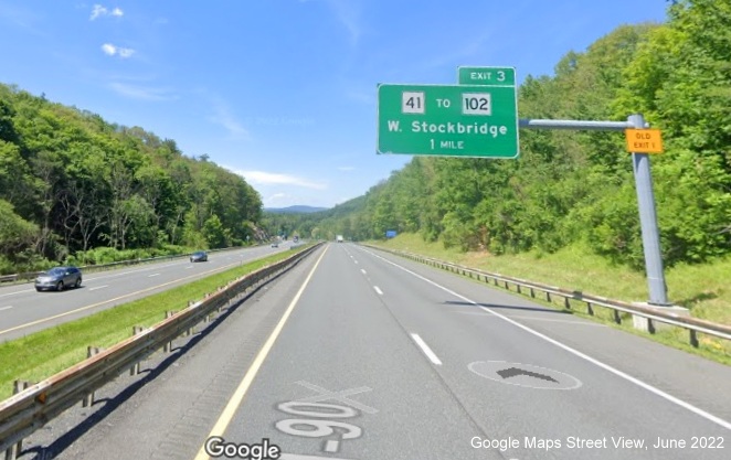 Image of 1 mile advance overhead sign for MA 41 to MA 102 exit with new milepost based exit number and yellow Old Exit 1 advisory sign on top of sign support post, Google Maps Street View, June 2022